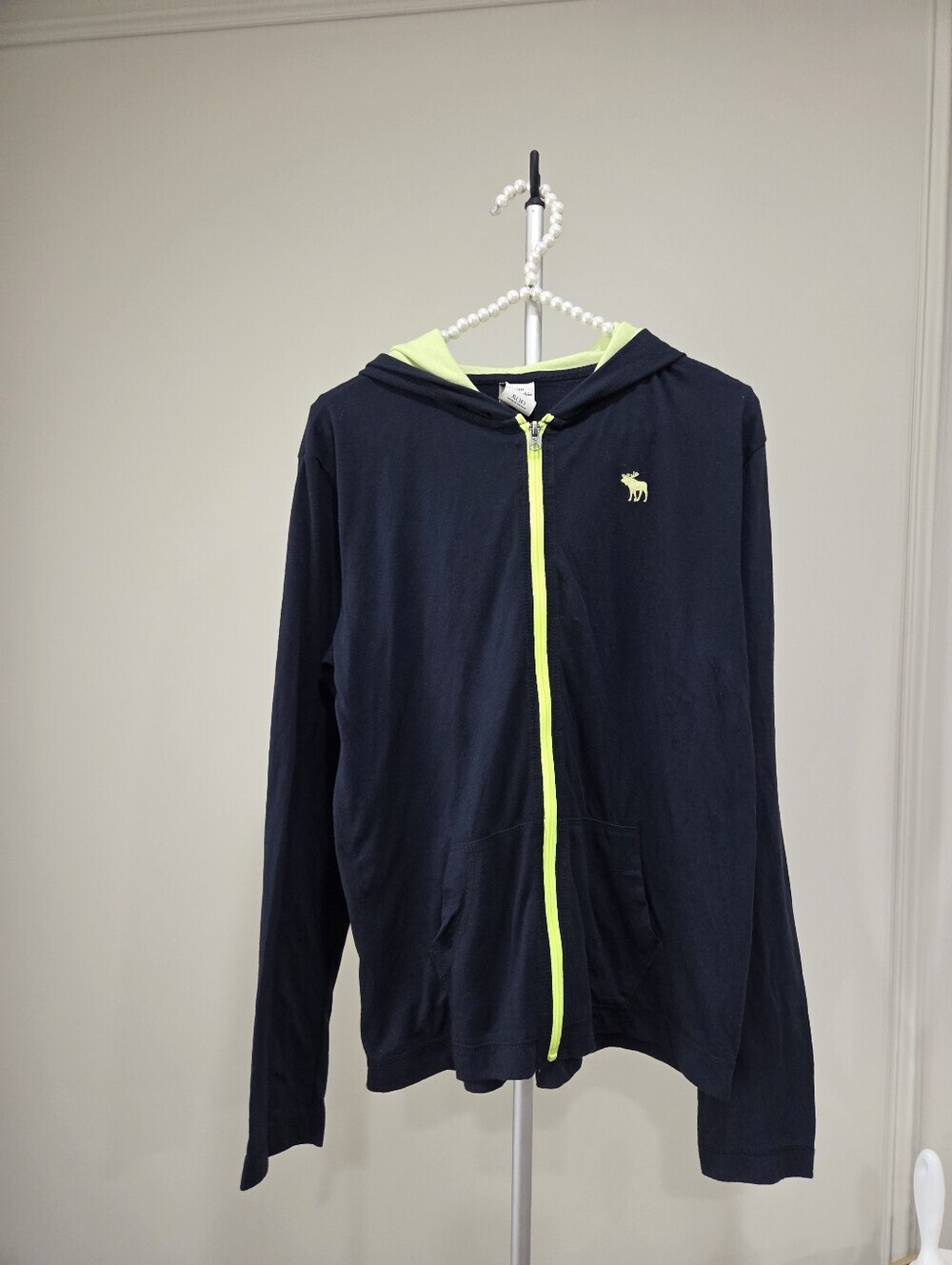 NWT Abercrombie Kids Navy Hoodie with neon green Lightweight Zip Front Sz.16